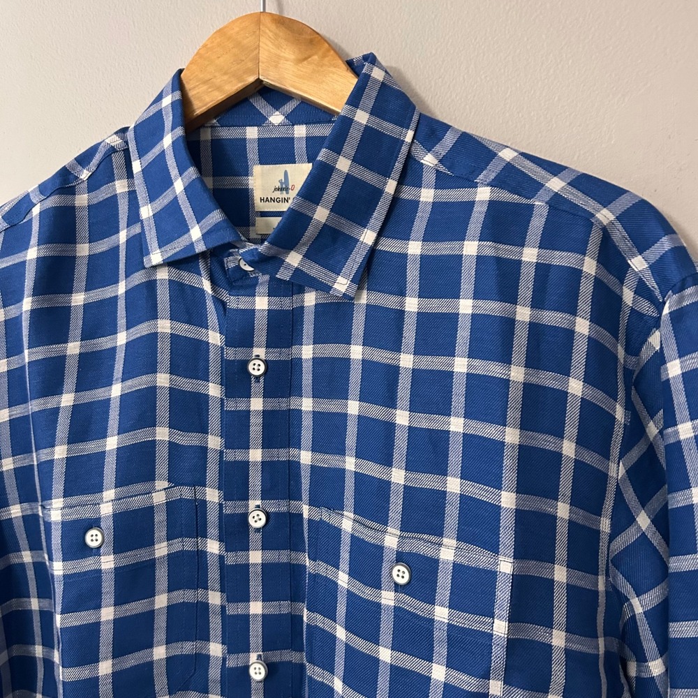 Johnnie-O Shirt Mens Large Blue White Plaid Hangin‎ Out Linen Blend Button Up